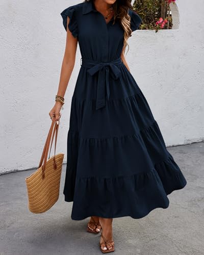 dowerme Women's Summer Casual Dresses 2025 Cap Ruffle Sleeve V Neck Button Belted Tiered Boho Maxi Dress with Pockets2