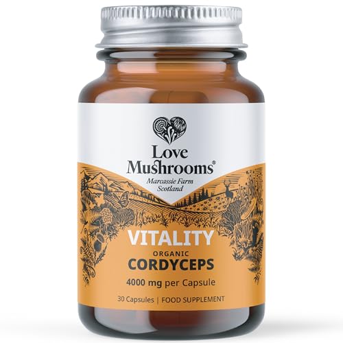 Love Mushrooms Organic Cordyceps Capsules 4 000mg per Capsule | High Strength Mushroom Extract Supplement for Endurance Stamina & Natural Energy Support | Vegan Plant Based UK Made | 30 Capsules