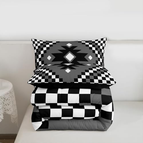 Image of Feelyou Aztec Bedding Set Soft for Boys Girls, Black White Checkered Comforter Set Full Size Boho Western Decor Duvet Quilt Microfiber Farmhouse Bedroom Decor 3 Pcs with 2 Pillow Cases