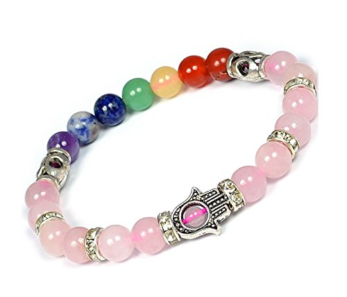 Image of Reiki Crystal Products Certified Natural Crystal Stone 7 Chakra with Hamsa 8 mm Round Beads Bracelet for Men & Women | Reiki Charged Gemstone Bracelet | Multiple Stone Variants Available
