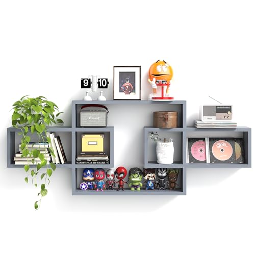 Grey Wooden Square Floating Cube Shelves Wall Mounted Rectangle B...