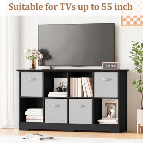 Image of 8 Cube Storage Organizer Shelf, Wood Cubby Storage with 4 Fabric Drawers, 2 Tier Wooden Bookshelf with 2 Adjustable Shelves & Fluted Side Panels for Bedroom, Living Room, Home Office, Black