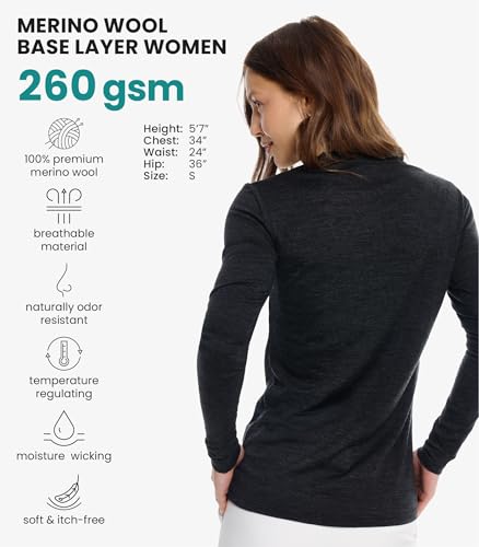 Image of Merino Wool Base Layer Women - 100% Merino Wool Shirt Women Thermal Underwear Long Sleeve T-Shirt for Hiking
