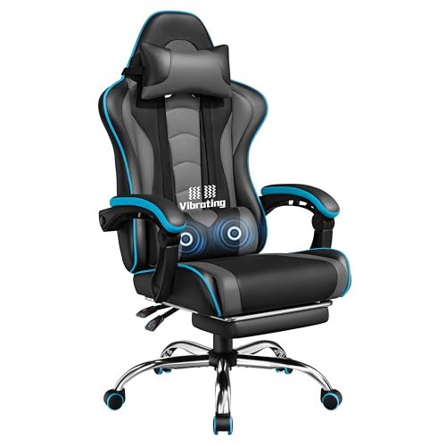 Sedia Gaming Ergonomica Massaggiante Reclinabile con Poggiapiedi Poggiatesta e Supporto Lombare Braccioli Imbottiti in Finta Pelle Poltrona Gamer da Scrivania con Ruote Girevole Grigio