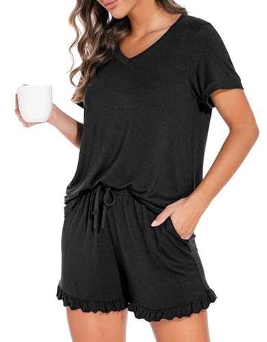 La Mejor Lista de Pijamas de Moda comprados en linea. 48 JIUS@FF Conjuntos De Pijama De Mujer, Conjuntos Casuales De Manga Corta, Conjuntos De Pijama Suaves con Bolsillos (MX/US, Alfa, Grande, Regular, Regular, Negro)