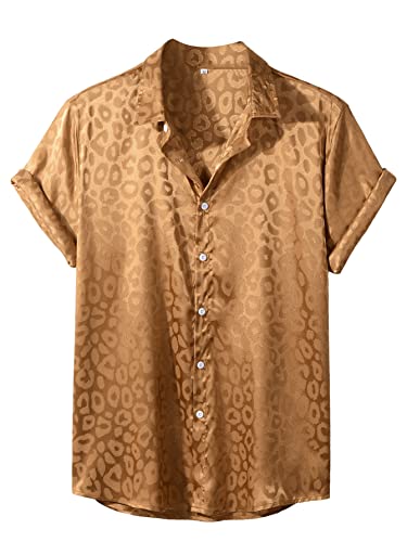 Verdusa Men's Satin Button Down Lapel Collar Leopard Print Short Sleeve Shirt