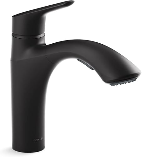 Kohler 30468-BL Rival - Grifo extraíble de una sola manija para cocina, lavandería, grifo de fregadero utilitario, negro mate