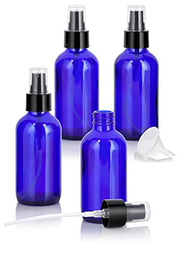JUVITUS 4 oz / 120 ml Cobalt Blue Glass Boston Round Bottle with Black Treatment Pump (4 Pack) + Funnel