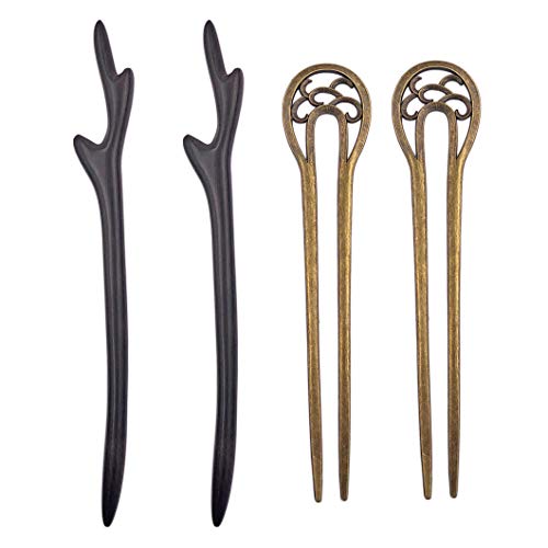 Messen Hair Chopsticks Set Including 2 Pieces Ebony Wood Hair Sticks + 2 Pieces Bronze U-Shape Hair Forks for Buns Hair Pins for Women Long Hair Chignon Maker