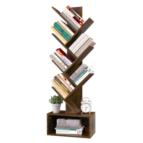Yoobure Tree Bookshelf – 6 Shelf Retro Floor Standing Bookcase, Tall Wood Book Storage Rack for CDs/Movies/Books, Utility Organizer Shelves Bedroom, Living Room, Home Office, Rustic Brown