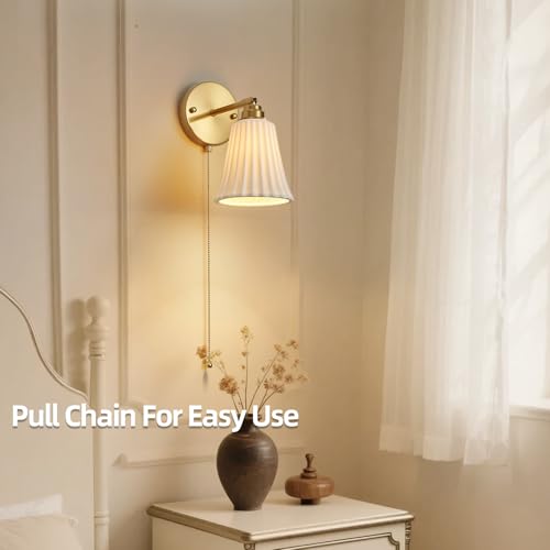Image of Hardwired Wall Sconces Wall Lighting Set of 2, Modern Ceramic Gold Wall Sconce Light with Pull Chain Switch, Indoor Bedside Wall Lamp Light Fixture for Living Room Bedroom Kitchen Home Office Hallway