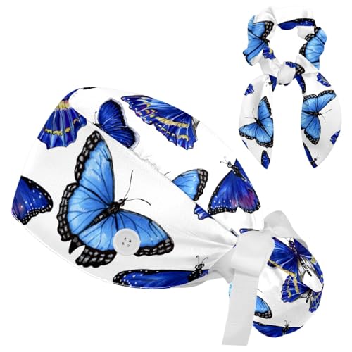 Image of Colored Butterflies Scrub Caps Women, Adjustable Working Cap with Button, Surgical Caps with Bow Hair Scrunchy
