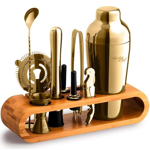 Mixology & Craft Cocktail Set (10-tlg.) - Edles Cocktail Shaker Set mit Shaker aus Edelstahl und Bar Zubehör im Holzständer aus Bambus - Dekoratives Geschenkset - Gold