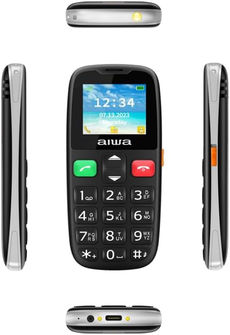 Multiple views of the AIWA FPH-S200/4G mobile phone, including front, side, top, and bottom.