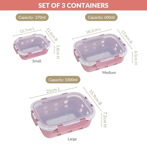 Image of Nestasia Gripso Glass Containers Set of 3 with Silicone Sleeve & Locking Lid (370ml, 600ml, 1000ml), Rectangle Food Storage Containers for Kitchen | Microwave, Dishwasher & Freezer Safe (Mauve)