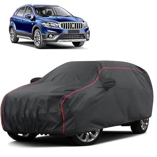 Image of Sulfar 100% Water Resistant Car Body Cover Compatible with Mirror for Maruti Suzuki SCross (Triple Stitched, Full Bottom Elastic, Dark Grey Taffeta with Red Piping)