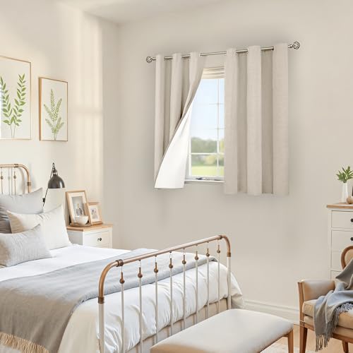 Image of YoungsTex Oatmeal Linen Blackout Curtains 40 Inch Length, Short Room Darkening Drapes Thermal Insulated with Grommet Privacy for Bathroom Bedroom Window, 2 Panels, 42 X 40 Inch