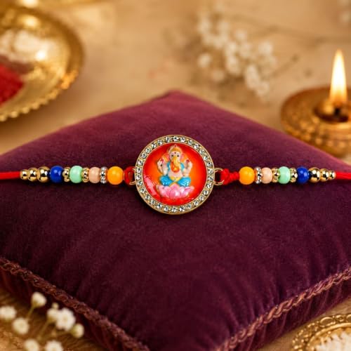 Image of Oblivion Rakhi For Brother - Elegant Stylish God Designer Rakhi with Beads and Silver Colour Pooja Coin, Tilak Set & Greeting Card - Traditional Raksha Bandhan Combo for Bhai