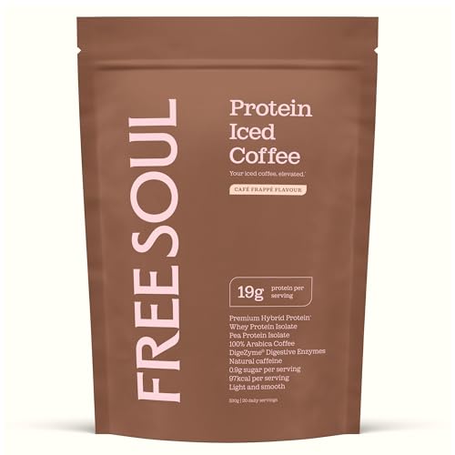 Protein Iced Coffee | 19g Protein & 80mg Caffeine per Serving | Only 97Kcal | Low Calorie + High Protein | Whey Protein & Pea Protein Isolate Blend + Digestive Enzymes | Café Frappé | Free Soul