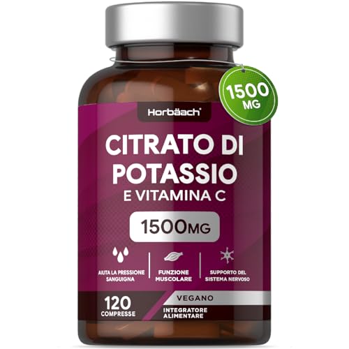 Potassio Citrato 1500 mg | Potassio Integratore con Vitamina C | 120 Compresse Vegane | Alto...