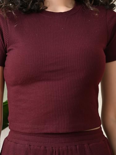 Image of Maroon Ribbed Co-ord Set | Round Neck Crop Top with High Waist Pant