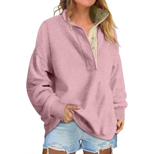 Womens Mock Neck Long Sleeve Sweatshirt Casual Snap Button Henley Pullover Tops Loose Fit Sweaters Fall Outfits (Pink,X-Large)