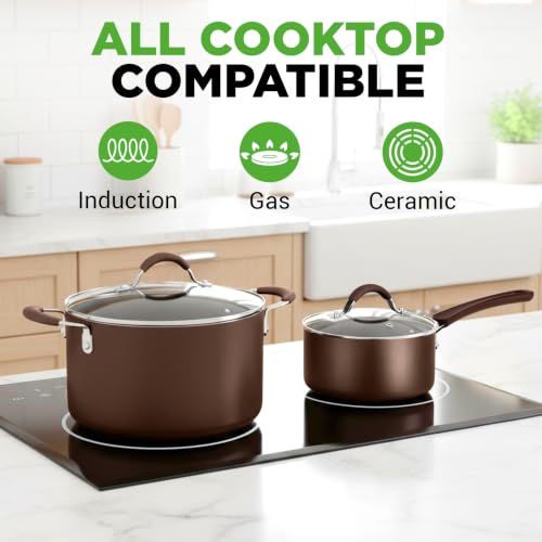 Image of NutriChef 14-Piece Nonstick Brown Cookware Set - Scratch-Resistant Kitchen Pots and Pans with Lids & Utensils, For All Cooktops - NCCW14SBR