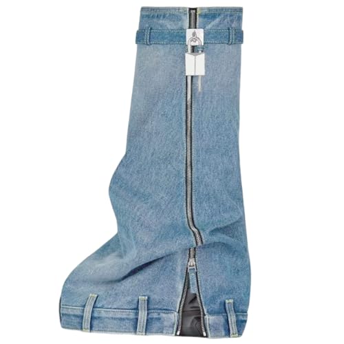 IMPREMEY Women's Fold Over Knee High Boots Platform Heel Padlock Boot with Zipper Denim Jeans Biker Shoes