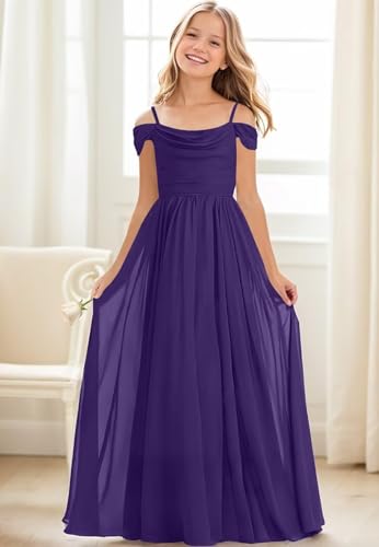 Stylefun Chiffon Cold Shoulder Junior Bridesmaid Dress Flower Girl Dresses A Line First Communion Gown Black with Pockets Size 143