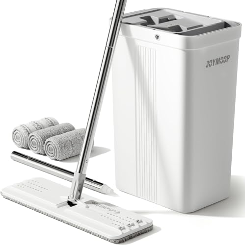 Image of JOYMOOP Flat Mop System, Microfiber Mop and Bucket Set, White, Household & Commercial Floor Cleaning Mop with Long Handle, Includes 3 Microfiber Pads