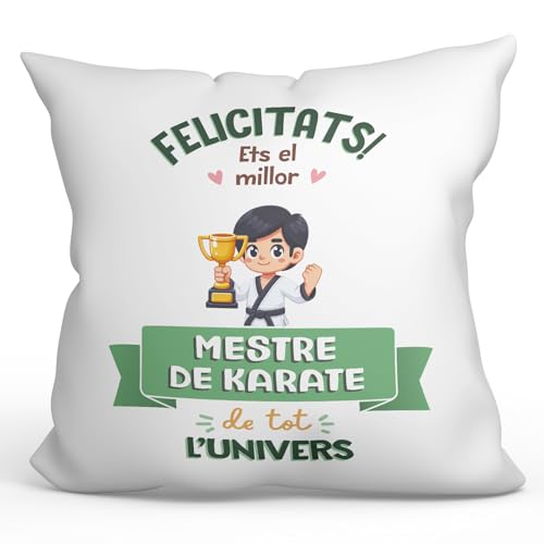 MUGFFINS Cojín 40x40 cm para Maestro DE Karate Hombre Relleno Incluído - En Catalán - Millor Univers Trofeu - Regalo Original y Divertido