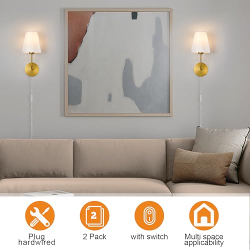 Image of Plug in Wall Sconces Set of 2, Gold Finish with White Fabric Shades, Wall Lamp with On Off Switch, Farmhouse Lighting for Bedroom Bedside Living Room Fireplace Hallway Bathroom
