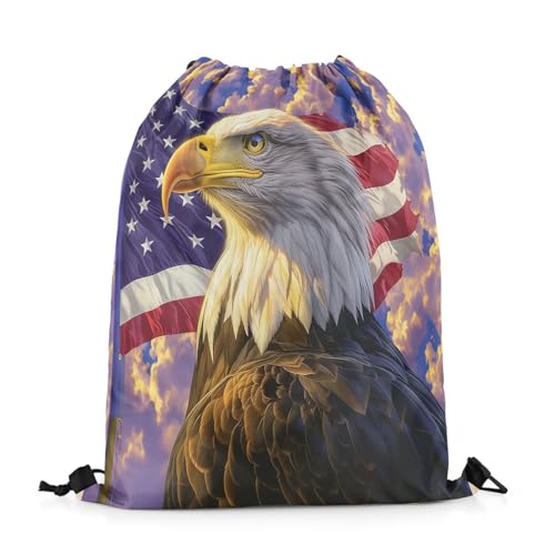 jejeloiu Eagle Drawstring Backpack 13"x15.7" American Flag Drawstring Bags 3D Animal Printed Sports Drawstring Sackpack Bird Decor Waterproof Cinch Bag Purple Blue Gym String Bag3