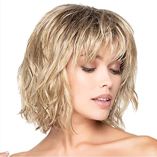 LUTW Cheveux synthétiques Blonds Bruns Brunes pour Femmes bouclées avec Une Frange Courte Perruque-Blonde,12inches Cover