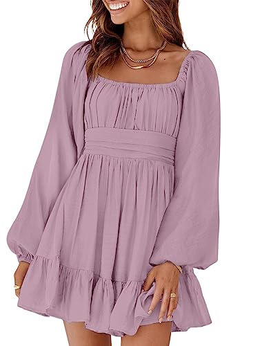 Dokotoo Spring Dresses for Women 2026 Square Neck Tie Backless Sexy Dress Lantern Long Sleeve Spring Outifits Ruffle A-Line Beach Dresses Casual Elastic Waist Mini Dress Large Purple
