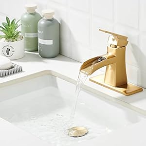 Brushed Gold Bathroom Faucet Single Hole, Modern Waterfall Bathroom Sink Faucet, Single Handle Bathroom Vanity Faucets with Pop Up Drain and 6-Inch Deck Plate, Champagne Bronze Brushed Gold Bathroom Faucet Single Hole Modern Waterfall Bathroom Sink Faucet Single Handle Bathroom Vanity Faucets with Pop Up Drain and 6 Inch Deck Plate Champagne Bronze