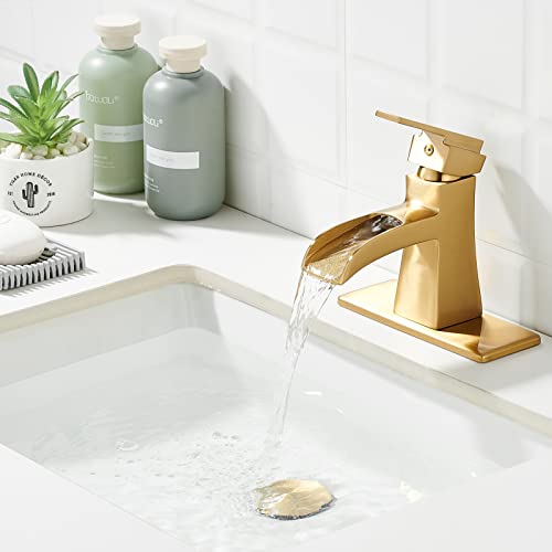 Brushed-Gold-Bathroom-Faucet-Single-Hole-Modern-Waterfall-Bathroom-Sink-Faucet-Single-Handle-Bathroom-Vanity-Faucets-with-Pop-Up-Drain-and-6-Inch-Deck-Plate-Champagne-Bronze Brushed Gold Bathroom Faucet Single Hole Modern Waterfall Bathroom Sink Faucet Single Handle Bathroom Vanity Faucets with Pop Up Drain and 6 Inch Deck Plate Champagne Bronze