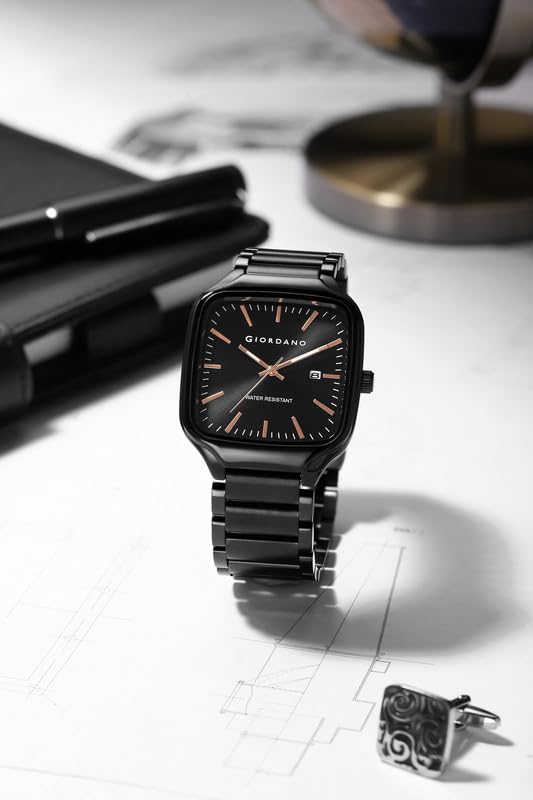 Image of Giordano Analog Watch for Men - Square Dial, Stainless Steel Strap, Date Display, Water Resistant Classic Dress Watch
