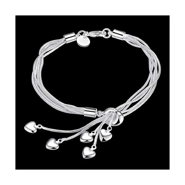 Harlorki Simple 925 Silver Plated Chain 5 Small Love Heart Pendents Charm Wrist Chain Bracelet Bangle Fashion Costume Jewelry for Women Lady Girl