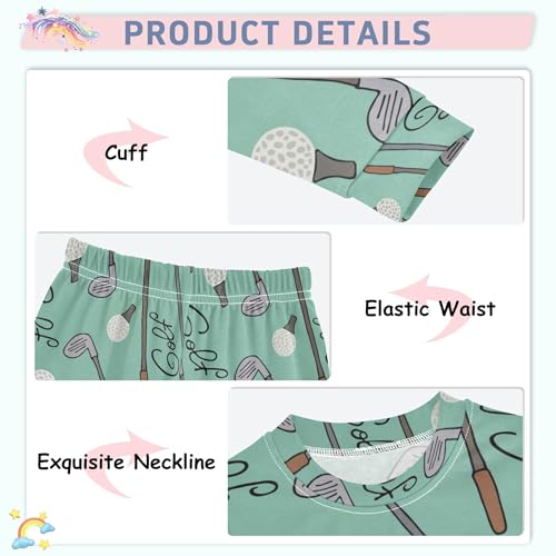 Golf Green Sport Pajama Sets Long Sleeve Top with Pants Cotton Soft Sleepwear 2 Piece Pjs Set, 8 Years Old3