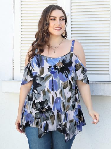 Image of LARACE Cold Shoulder Tops for Womens Summer Clothes Spaghetti Strape Tunic Oversized Shirts Asymmetrical Plus Size Blouse