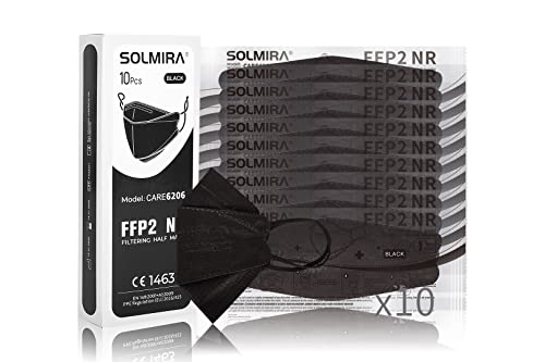 SOLMIRA Mascarillas FFP2 NR Homologadas, Forma 3D (Tipo Pez), 10 Unidades, Color Negro, CE1463 EN 149:2001 + A1:2009