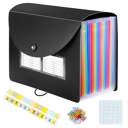 Cartella Portadocumenti A4, Porta Documenti Espandibile 24 Tasche, Portatile Fisarmonica Organizzatore per Casa Scuola Ufficio Viaggio (con Coperchio) (Nero)