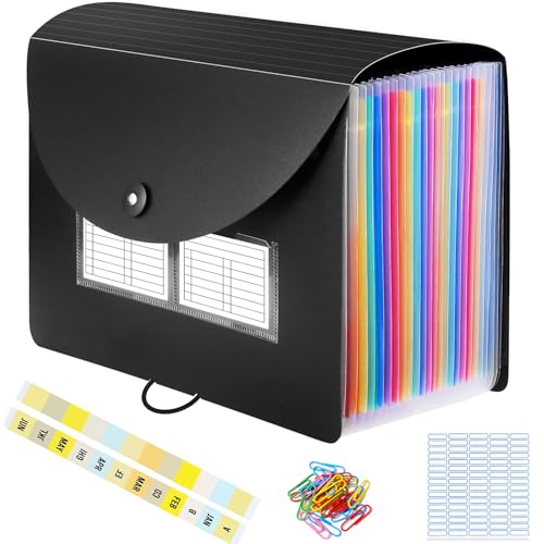 Carpeta Clasificadora, A4 Expandible Carpetas de Acordeón con Tapa, Portátil 24 Bolsillos Colores Organizador Documentos Archivadores para Oficina Escuela (Negro)