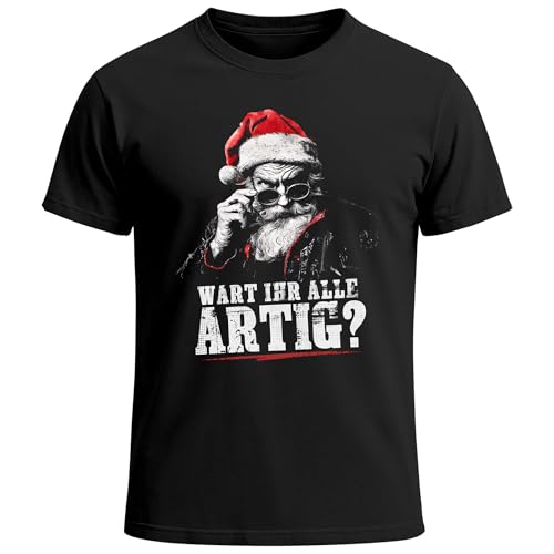 Neverless Herren T-Shirt Weihnachtsshirt Santa Spruch Wart Ihr alle artig Xmas Outfit Männer Fashion Streetstyle Schwarz XL