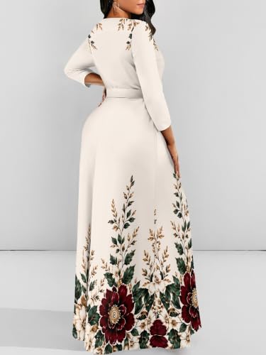 Image of Women Plus Size Long Sleeve V Neck Maxi Dress with Belt | Soft fabric relaxed fit three quarter sleeve v neck with pockets for party and daily wear