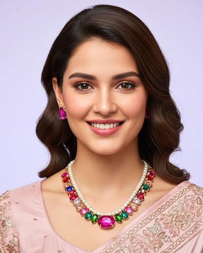 Image of Mansiyaorange Statement AD CZ American Diamond Cubic Zerconia Pearl Necklace Set | Gold Plated Chunky Fashion Jewelry for Women & Girls