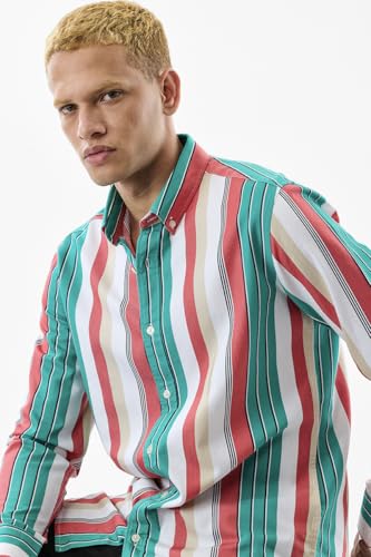 Image of SNITCH Men Casual Shirt | Slim Fit Full Sleeve Button-Down Collar Striped Design | 100% Cotton & Breathable Fabric for Everyday Wear & Semi-Formal Occasions | Teal
