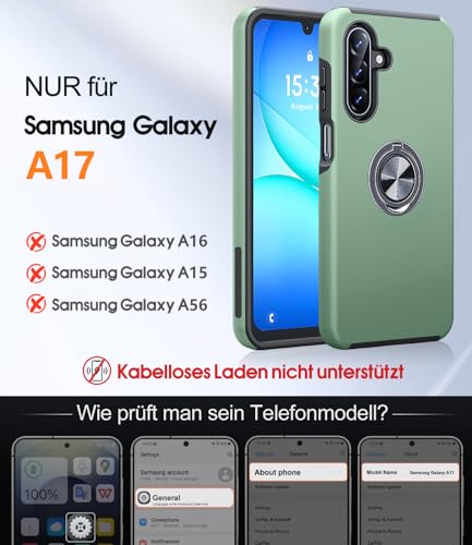 AOUIA für Samsung Galaxy A17 5G Hülle mit 2 Stück Panzerglas, Militärischer Stoßschutz Samsung A17 Hülle, 360° Drehbarer Ring Ständer Handyhülle für Samsung A17, Alpengrün 2