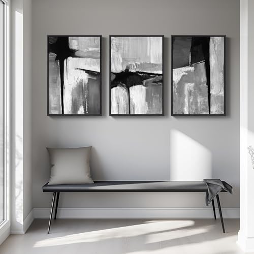 Large Framed Black and White Gray Abstract Wall Art for Living Room, 3 Piece Modern Canvas Prints Paintings Artwork for Walls, Grey Abstract Pictures for Hallway Office Wall Decor 24x36 In